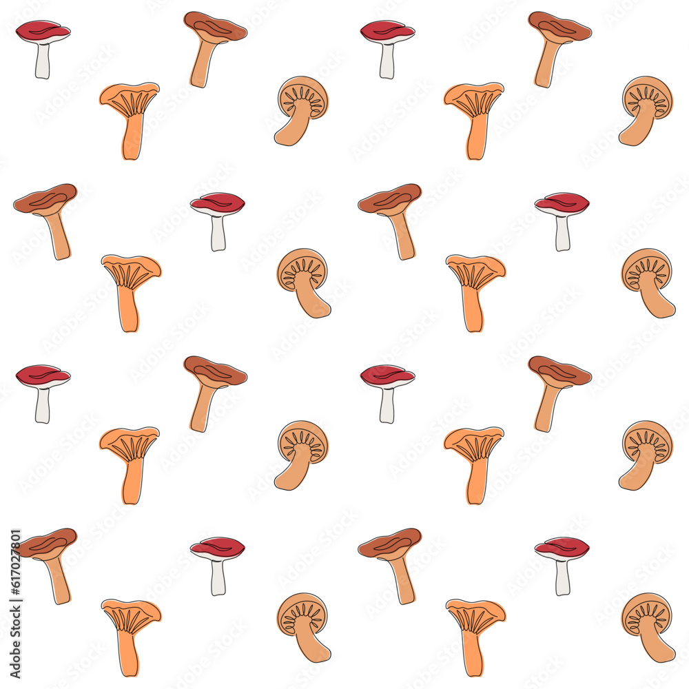 Cartoon colorful set mushrooms continuous one line art. Design element. Organic food. Outline symbol collection. Summer element vector illustration.