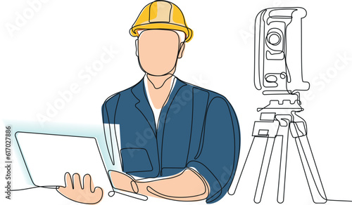 Close up of Caucasian worker with helmet on head using tablet for work while standing in warehouse. Surveyor with a tripod icon. Geodesic tripod. Vector illustration