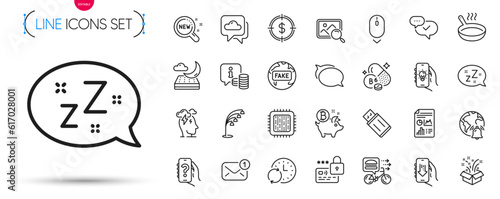 Pack of Weather forecast, Internet notification and Frying pan line icons. Include Info, Bitcoin coin, Help app pictogram icons. Gift, Lock, Approved signs. Stress, Search photo, Sleep. Vector