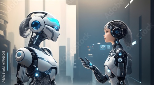Artificial intelligence in a futuristic setting, depicting a humanoid robot. Generate AI