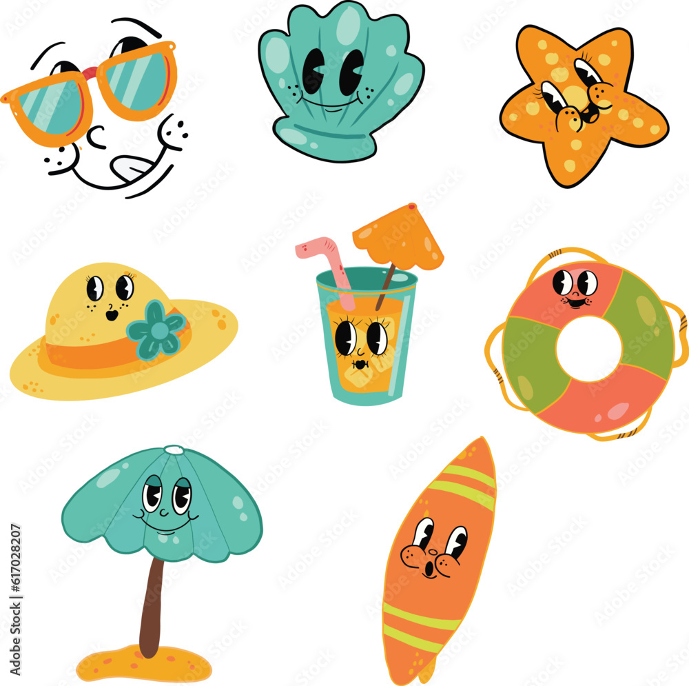 Set Of Groovy summer element cartoon characters. Sup Board, Summer Beach Hat, Seashell, Swimming Float Ring, Umbrella Sand Beach