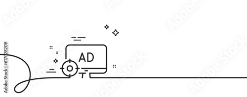 Seo adblock line icon. Continuous one line with curl. Search engine optimization sign. Target symbol. Seo adblock single outline ribbon. Loop curve pattern. Vector