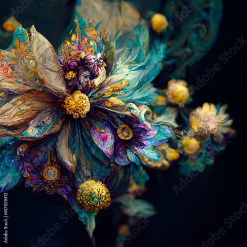 abstract fae flowerpunk Intricate detail sunflower pansy peony forgetmenots baroque mucha art nouveau Hyperdetailed multicolored flowers delicate graceful  photo
