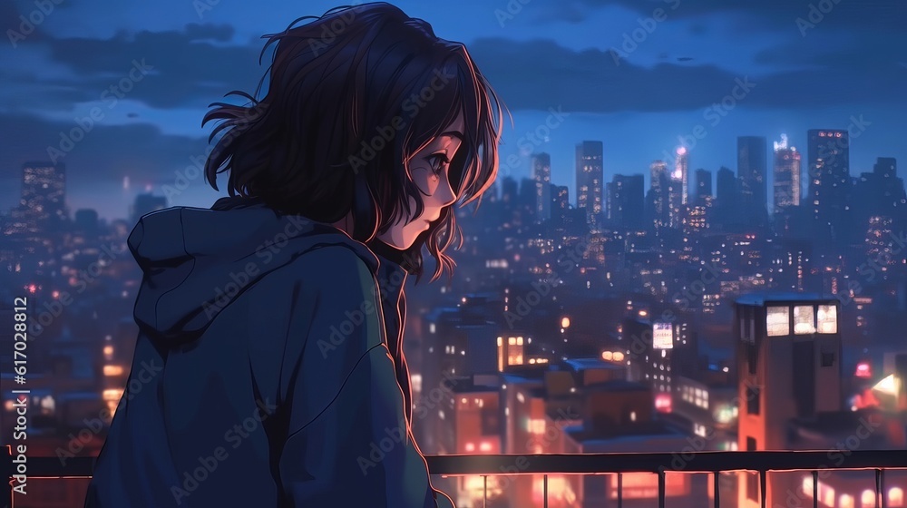 Girl in the city at night | anime girl admiring night cityscape | lofi ...