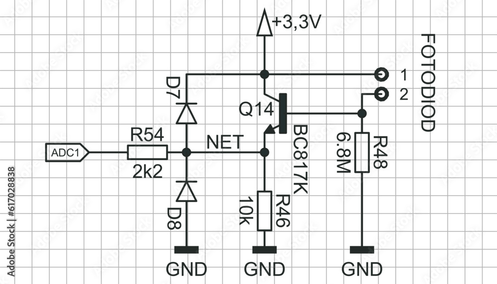 An analog circuit with electronic components (transistor, resistor
