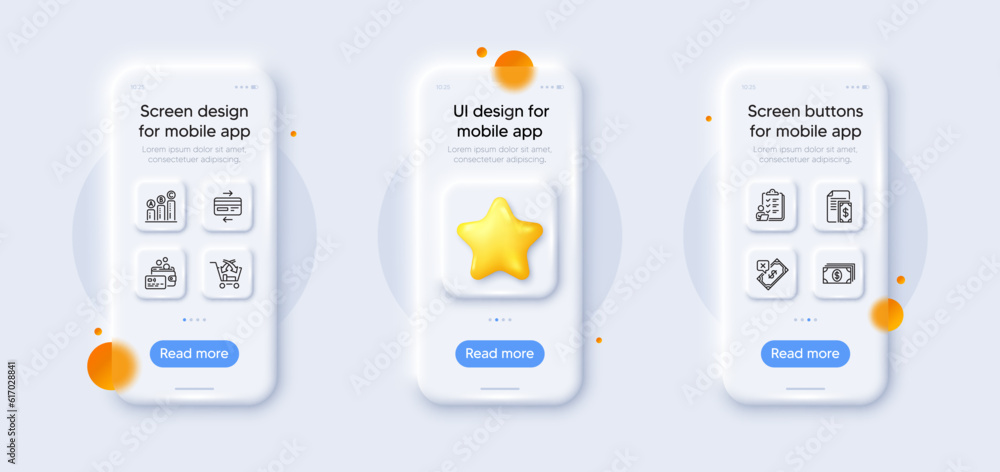 Banking, Checklist and Credit card line icons pack. 3d phone mockups with star. Glass smartphone screen. Graph chart, Rejected payment, Cross sell web icon. Payment, Card pictogram. Vector