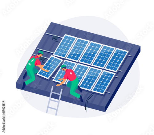 Solar panels installation on family house roof. Construction technician workers connecting the home renewable power energy system to grid. Clean electricity production. Isolated vector illustration. (ID: 617028819)