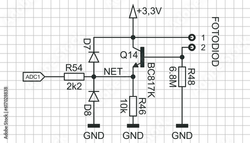 An analog circuit with
electronic components (transistor, resistor,
diode) connected by conductors. Vector diagram of an electrical
schematic of an electronic device on a grid background.