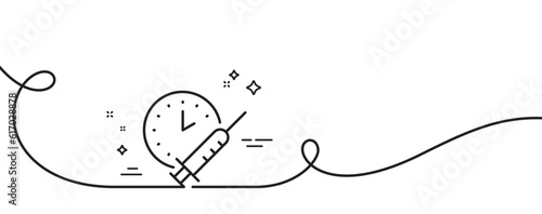 Vaccination schedule line icon. Continuous one line with curl. Vaccine syringe sign. Second injection time symbol. Vaccination schedule single outline ribbon. Loop curve pattern. Vector