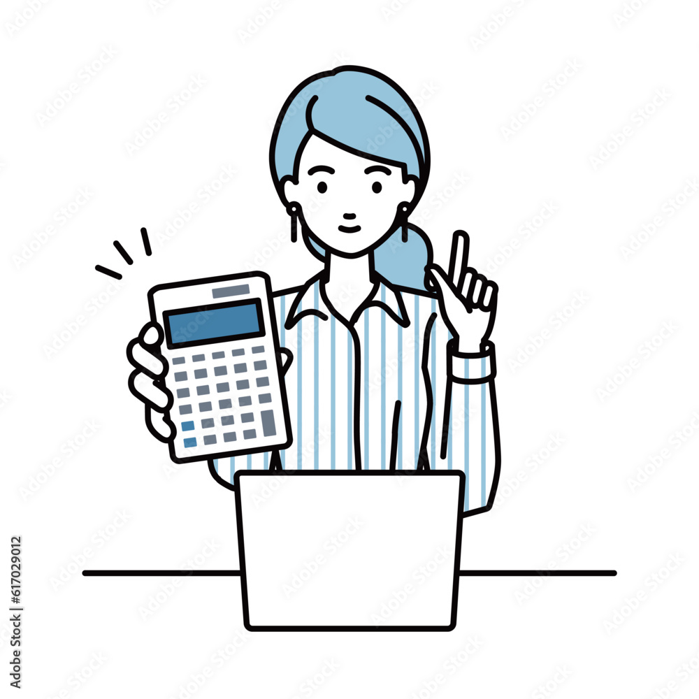 a woman in shirt work style recommending, proposing, showing estimates and pointing a calculator with a smile in front of laptop pc