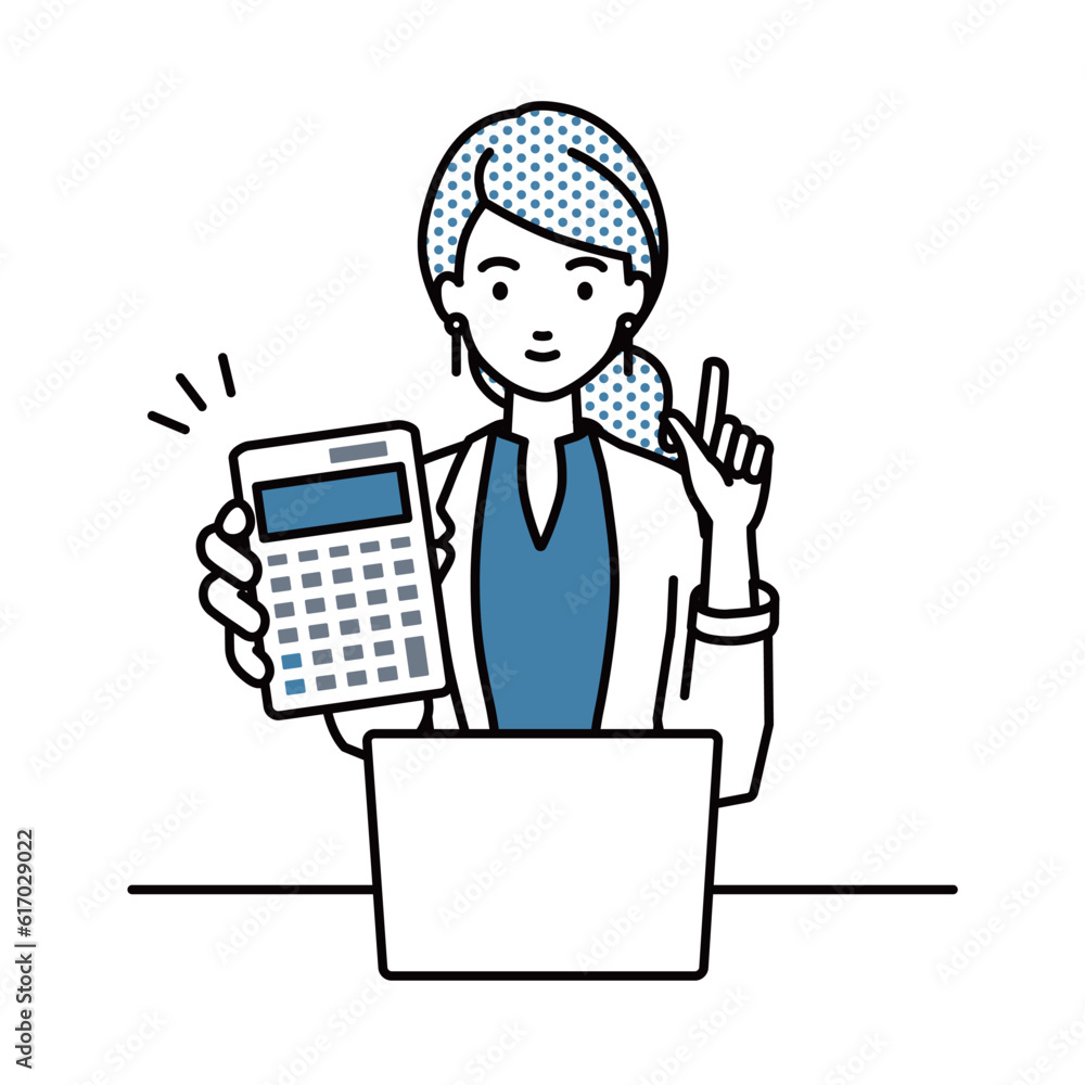 a woman in work jacket style recommending, proposing, showing estimates and pointing a calculator with a smile in front of laptop pc in front of laptop pc a woman in work jacket style recommending, proposing, showing estimates and pointing a calculator with a smile in front of laptop pc in front of laptop pc