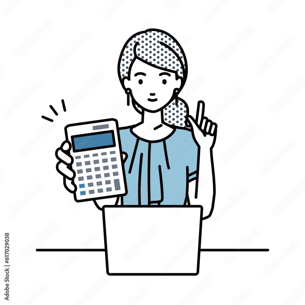 a woman in casual work style recommending, proposing, showing estimates and pointing a calculator with a smile in front of laptop pc a woman in casual work style recommending, proposing, showing estimates and pointing a calculator with a smile in front of laptop pc