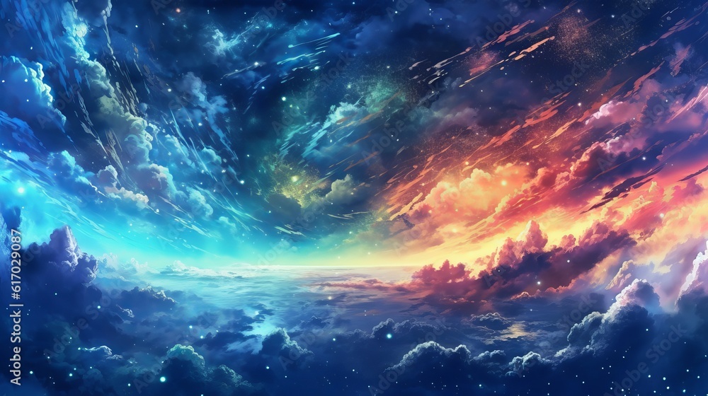 Fototapeta premium Heavenly star falls: Captivating anime sky wallpaper in digital art style, background with space