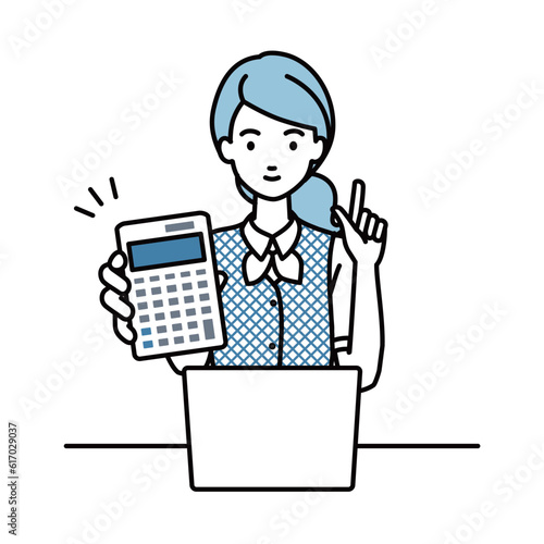 a woman in clerical uniform recommending, proposing, showing estimates and pointing a calculator with a smile in front of laptop pc