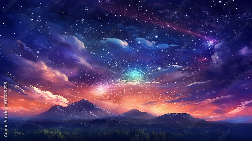 Anime sky art wallpaper: Fantasy sky with beautiful star falls and dazzling flares - starry night digital art, Generative AI
