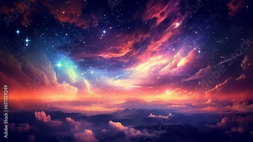 Anime sky art wallpaper: Fantasy sky with beautiful star falls and dazzling flares - starry night digital art, Generative AI