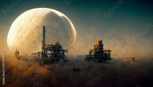 giant industrial processing plant on a moon orbiting saturn 8K octane render unreal 5 engine  photo