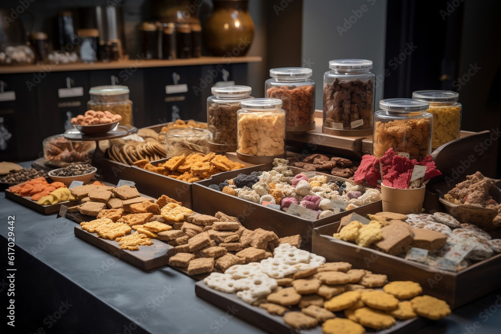 An assortment of gourmet dog treats are arranged on a bakery display, showcasing the rise of luxury pet foods and the growing trend of pet pampering.