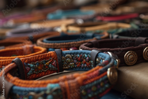 A detailed shot of handcrafted dog collars with unique designs and materials, symbolizing the boutique pet accessories market and the personalization of pet products.