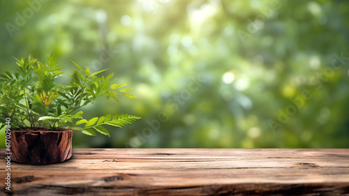 Empty rustic wooden table and trees leaves on a Sunny Day. Product Placement. Generative AI.