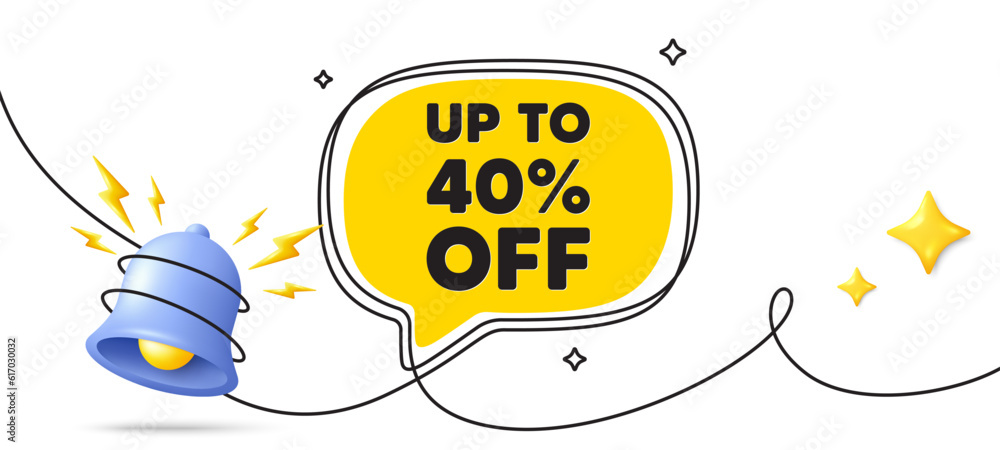 Up to 40 percent off sale. Continuous line art banner. Discount offer price sign. Special offer symbol. Save 40 percentages. Discount tag speech bubble background. Wrapped 3d bell icon. Vector