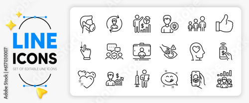 Mental health, Heart and Dont touch line icons set for app include Selfie stick, Seo statistics, Business hierarchy outline thin icon. Like, Touchscreen gesture, Person idea pictogram icon. Vector