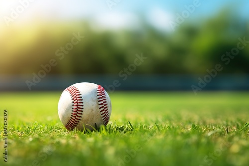 Baseball on grass with copy space and blurred background,Generative AI