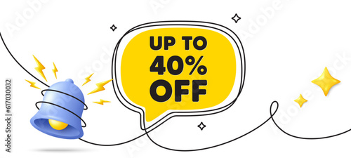 Up to 40 percent off sale. Continuous line art banner. Discount offer price sign. Special offer symbol. Save 40 percentages. Discount tag speech bubble background. Wrapped 3d bell icon. Vector