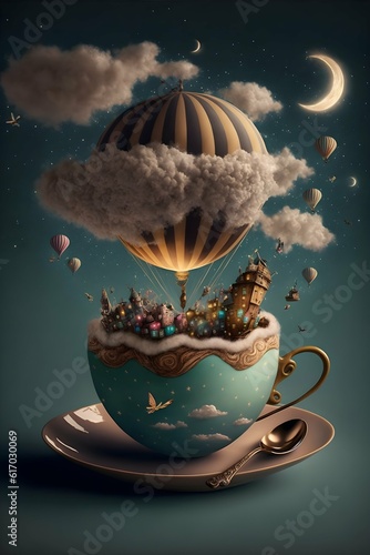 by Sascalia fine detailes art 2 Whimsical fantasy super cute can in fine tea cup 2 floating in night sky night with clouds and moon 2 