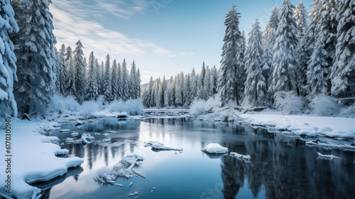 Winter thaw: frozen forest and unfrozen river. Created using generative AI tools © Nick Alias