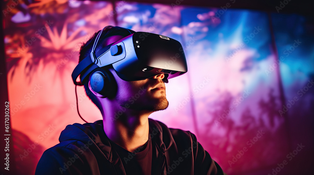 Young Man in Virtual Reality Glasses. Created using generative AI tools Young Man in Virtual Reality Glasses. Created using generative AI tools