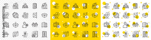 Outline Brush, Get box and Lighthouse line icons pack for web with Petrol station, Packing boxes, Open door line icon. Certificate, Door, Engineer pictogram icon. Property agency. Vector