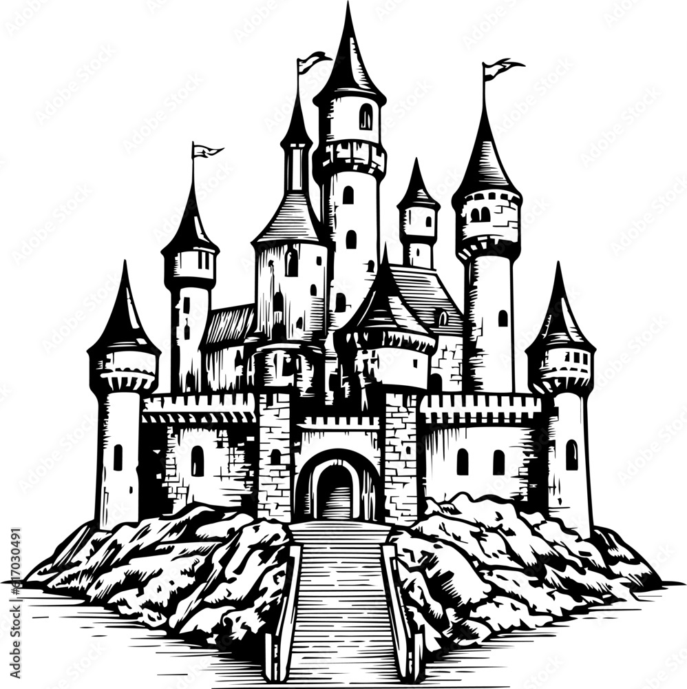 Illustration of a castle in engraving style.