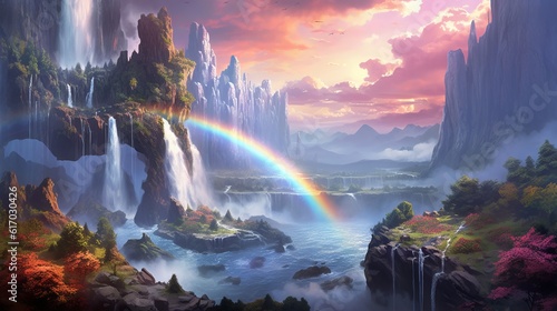 Fantasy anime landscape with rainbow waterfall - fountain in the forest, wallpaper, Generative AI
