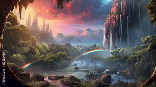 Fantasy anime landscape with rainbow waterfall - landscape with clouds and sun, wallpaper, Generative AI