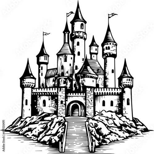 Illustration of a castle in engraving style. © nazar12
