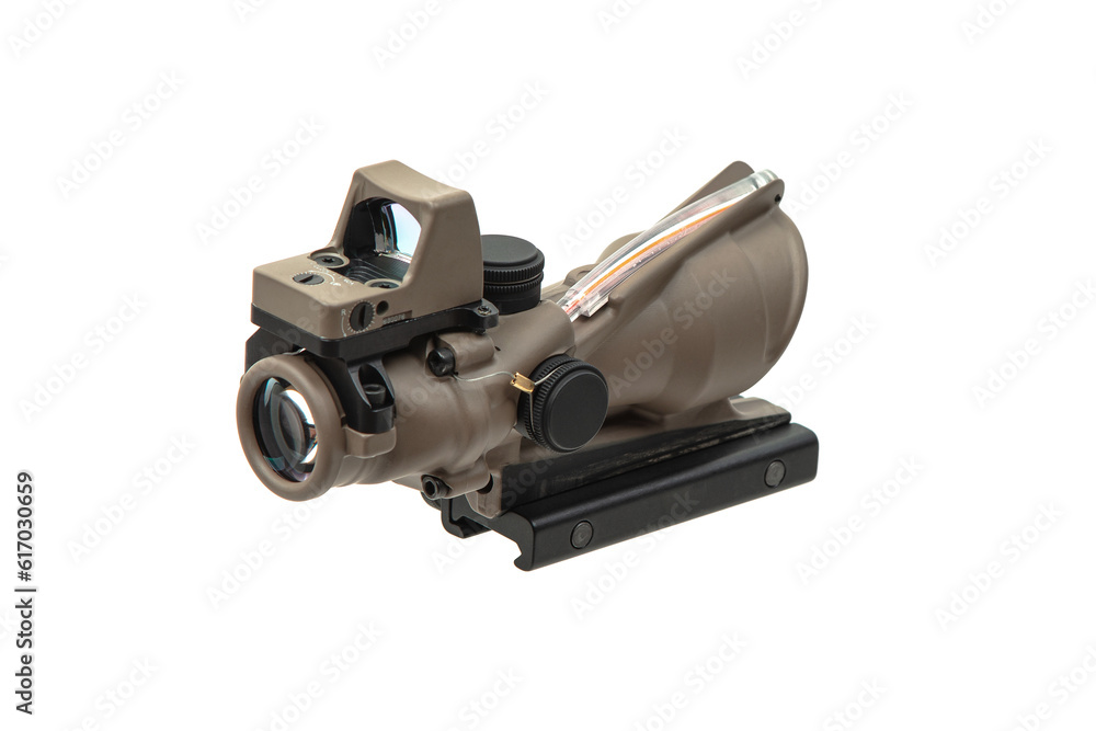 Modern military collimator sight.  Aiming device for shooting at close and medium distances. Isolate on a white back