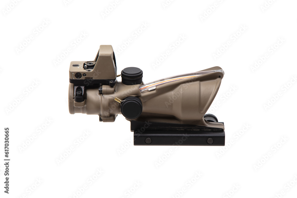 Modern military collimator sight. Aiming device for shooting at close and medium distances. Isolate on a white back Modern military collimator sight. Aiming device for shooting at close and medium distances. Isolate on a white back