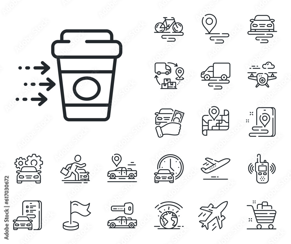 Soft drink sign. Plane, supply chain and place location outline icons. Coffee delivery line icon. Catering service symbol. Coffee delivery line sign. Taxi transport, rent a bike icon. Vector Soft drink sign. Plane, supply chain and place location outline icons. Coffee delivery line icon. Catering service symbol. Coffee delivery line sign. Taxi transport, rent a bike icon. Vector