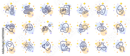 Outline set of Mental health, Sunscreen and Medical mask line icons for web app. Include Mountain bike, Capsule pill, Intestine pictogram icons. Cardio training, Sunglasses, Skin care signs. Vector
