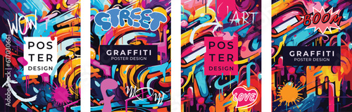 Set of posters in graffiti style. Vector drawing wall art  abstract lettering and blots. Poster  banner  flyer template.
