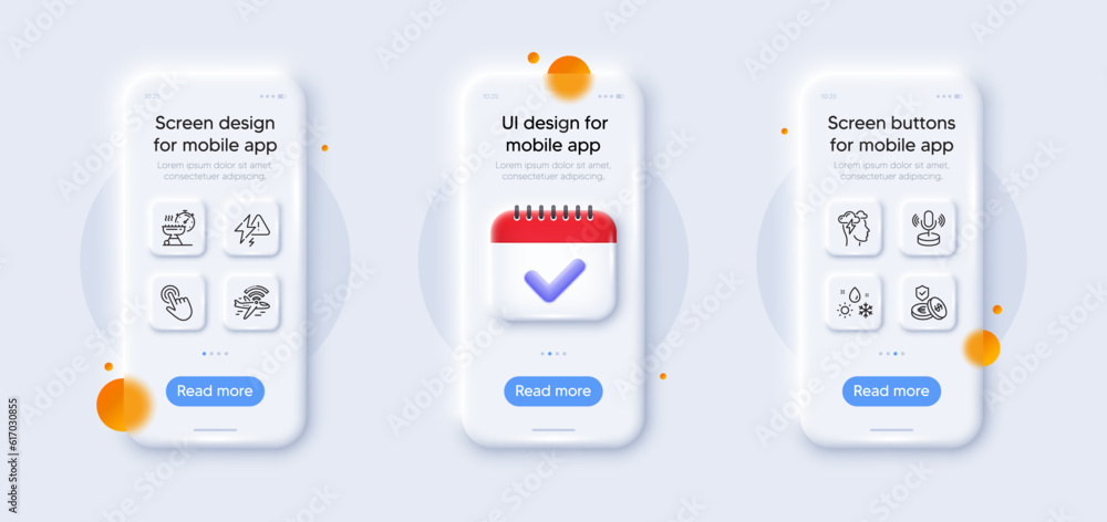 Airplane wifi, Grill time and Savings insurance line icons pack. 3d phone mockups with calendar. Glass smartphone screen. Cursor, Lightning bolt, Microphone web icon. Vector Airplane wifi, Grill time and Savings insurance line icons pack. 3d phone mockups with calendar. Glass smartphone screen. Cursor, Lightning bolt, Microphone web icon. Vector