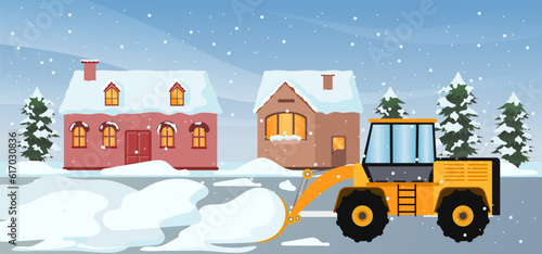 snow plow truck cleaning highway road after snowfall vector illustration, snow plow tractor service banner concept, Snow plow service clearing road during snowstorm, remove snow during winter