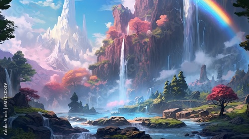 Fantasy anime landscape with rainbow waterfall - rainbow over water, wallpaper, Generative AI © Ameer