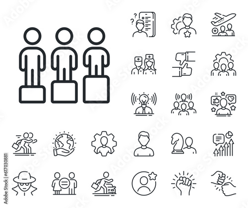 Equality sign. Specialist, doctor and job competition outline icons. Equity culture line icon. Gender diversity symbol. Equity line sign. Avatar placeholder, spy headshot icon. Strike leader. Vector