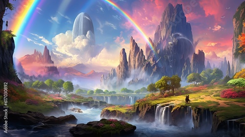 Landscape with rainbow and clouds - Fantasy anime landscape with rainbow waterfall, wallpaper, Generative AI