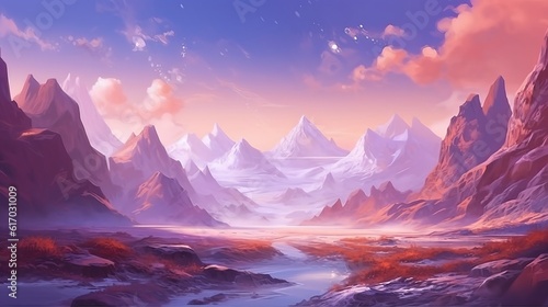 Sunset in the mountains - The gleaming sands: A fantastical landscape of purple crystal among sandy glaciers, wallpaper, Generative AI