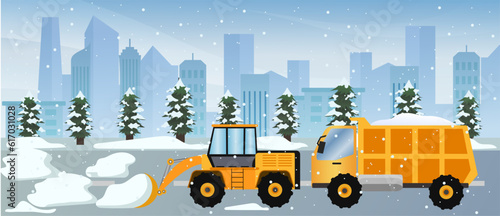 snow plow truck service, snow plow truck remove snow during winter storm vector illustration, Snowplow Tractor clear snow from pedestrian zone