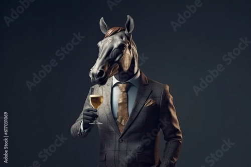 An illustration of a horse in a suit with tie holding a glass of beer against a black background, creating a contrast between elegance and unconventionality. Generative Ai. 