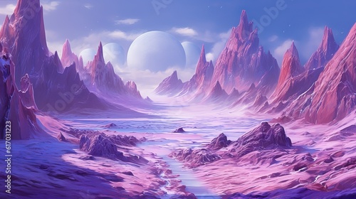 Fantasy landscape with sandy glaciers and purple crystal. Concept art - landscape with mountains, wallpaper, Generative AI